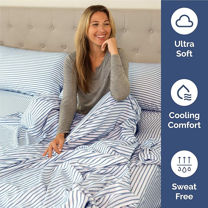 Twin XL 4 Piece Sheet Set - Comfy Breathable & Cooling - Soft Hotel Luxury Bedding Set with 8-16 Inch Deep Pockets - 1 Flat & 1 Fitted Sheet & 2 Pillowcases - Wrinkle Free & Easy Care - Blue Stripes 2
