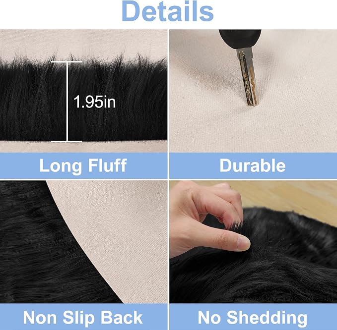 Small Black Round Rug 2ft for Bedroom, Faux Fur Fluffy Circle Rug Furry Carpet - Image 5