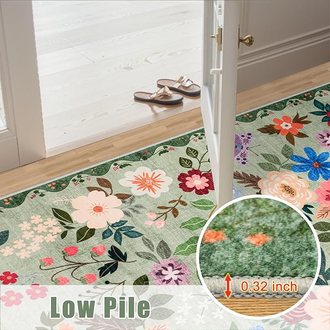 PLHXFR 2x3 Small Entryway Rug: Floral Washable Indoor Soft Carpet Green | - Image 8