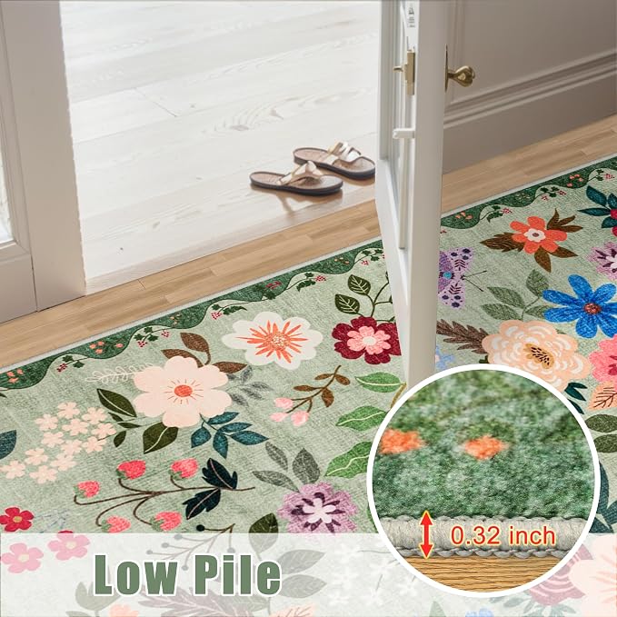 PLHXFR 2x6 Washable Runner Rug：Floral Indoor Kitchen Soft Carpet Green | - Image 9