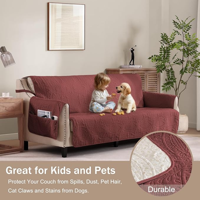 Red Loveseat Covers 2 Cushion Couch, Water-Repellent Sofa Cover - Image 2