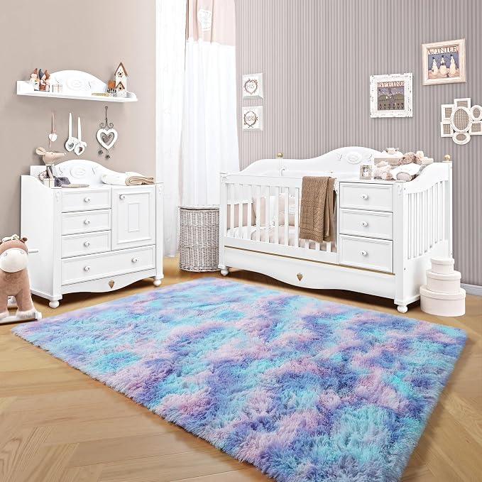 Fluffy Area Rugs for Girls Bedroom, 4x6 Purple Rainbow Bedside Rug, Indoor Cute - Image 8