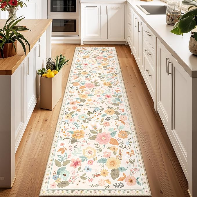 Floral Washable 2x8 Area Rugs Runner Entryway Hallway Beige/White/Orange | by RELEANY