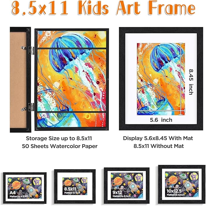 KINLINK 8.5x11 Kids Art Frames Set of 2, Solid Wood Kids Artwork Frames Changeable with Acrylic Front Opening Holds 150 Pictures, Art Frame for Kids Artwork with Mat or without Mat, Black