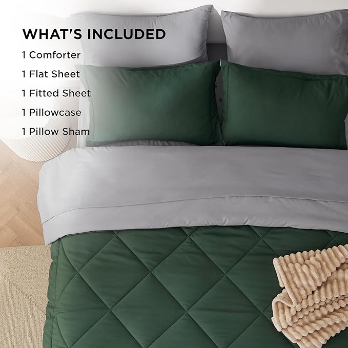 Bedsure Twin Comforter Set - 5 Pieces Reversible Forest Green Bedding, Twin Size Bed Set for All Seasons, Bed in a Bag with Down Alternative Comforter, Sheets, Pillowcase & Sham