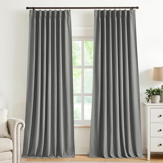 Vision Home Pinch Pleated Dark Grey Blackout Curtains 90 inch Linen Blended by VisionHome