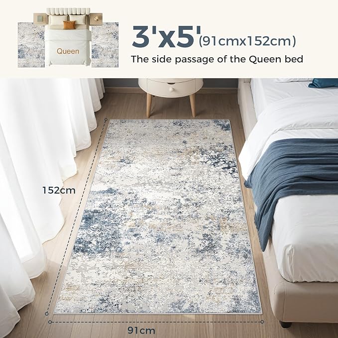 DMOYEST 3x5 Entryway Area Rug Washable Abstract Beige Blue Small Carpet | - Image 2