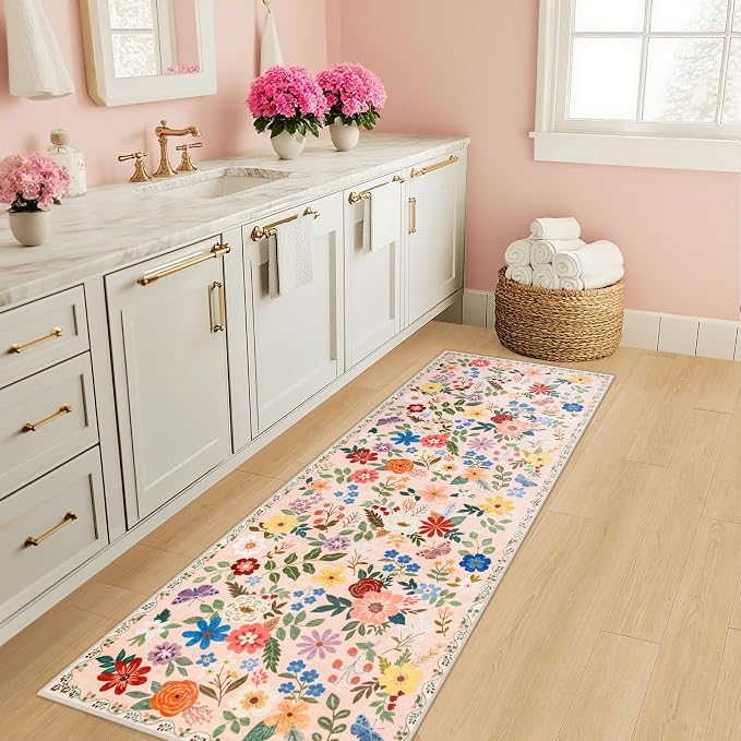 PLHXFR 2.6x8 Washable Runner Rug：Floral Indoor Kitchen Soft Carpet Beige | - Image 5