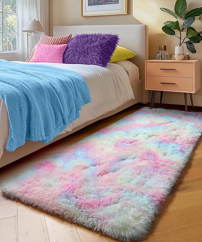 Rainbow Runner Rugs for Girls Bedroom Plush Fluffy Hallway Rug 2x6 Ft | Kawaii - Image 8