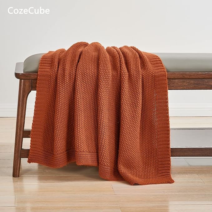 CozeCube Burnt Orange Seed Stitch Throw Blanket 50"x60", Farmhouse Decor | - Image 4