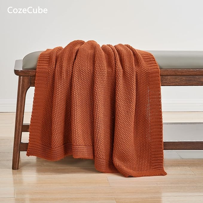CozeCube Burnt Orange Seed Stitch Throw Blanket 60"x80", Farmhouse Decor | - Image 3