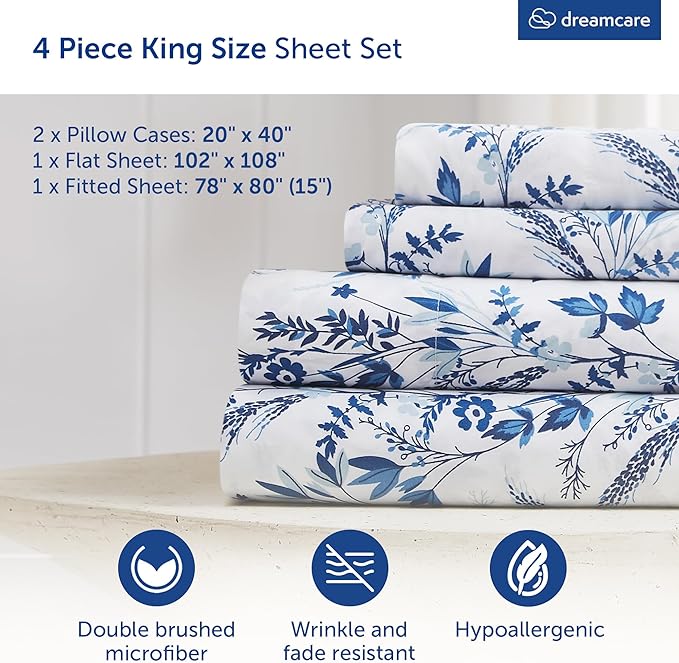 DREAMCARE King Size Floral Sheets - 4pc King Bed Set - Cooling & Soft Long Lasting - Floral Blue