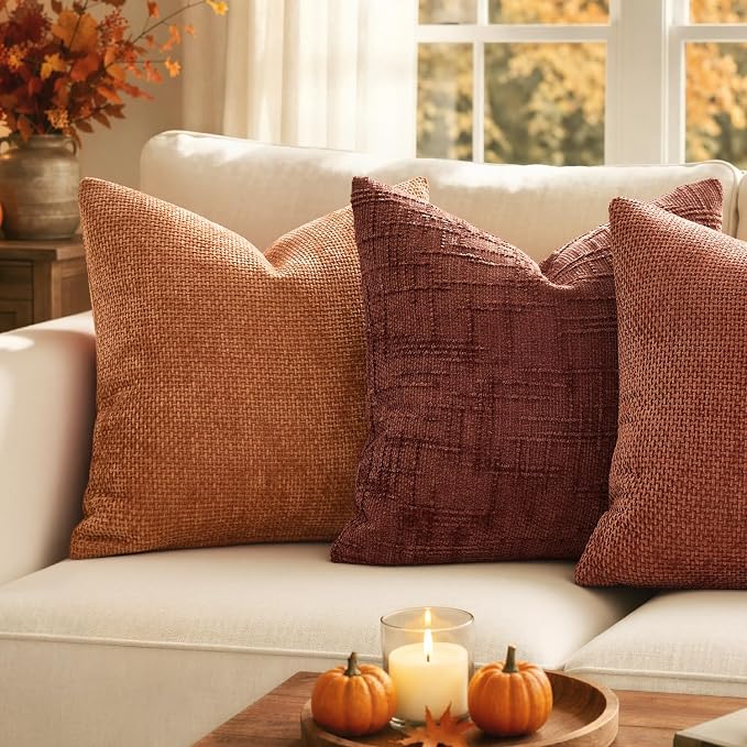 MIULEE Chenille Textured Fall Throw Pillow Covers Rust 18x18 Set of 2 | Slubby - Image 2