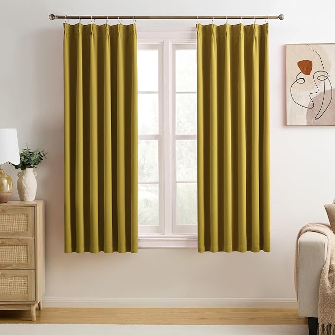 Yellow Pinch Pleated Curtains 45 Inch Length 2 Panels Set Noise Cancelling by KEQIAOSUOCAI