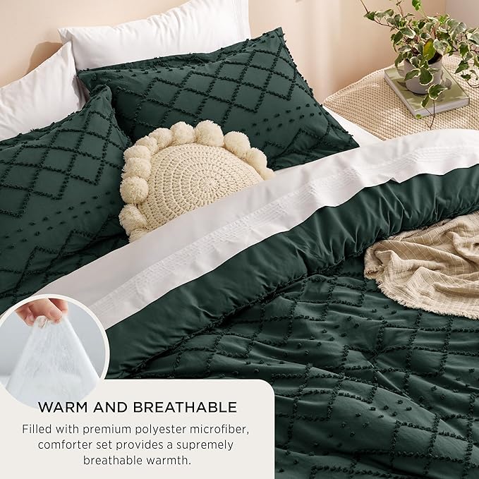 Bedsure Full Comforter Set - Forest Green Comforter, Boho Tufted Shabby Chic Bedding for Kids, 3 Pieces Vintage Farmhouse Bed Set for All Seasons, Fluffy Soft Bedding with 2 Pillow Shams