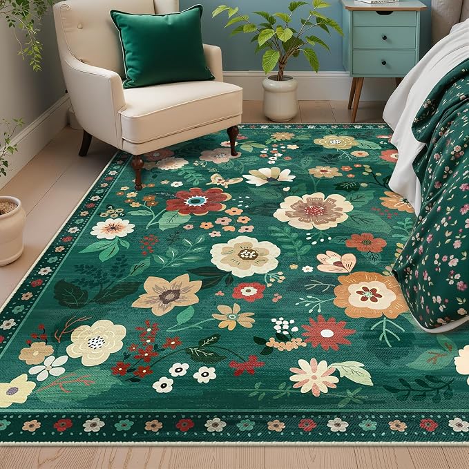 RELEANY Floral Washable 4x6 Area Rugs DarkGreen | Flower Carpet Print Boho Cute - Image 6