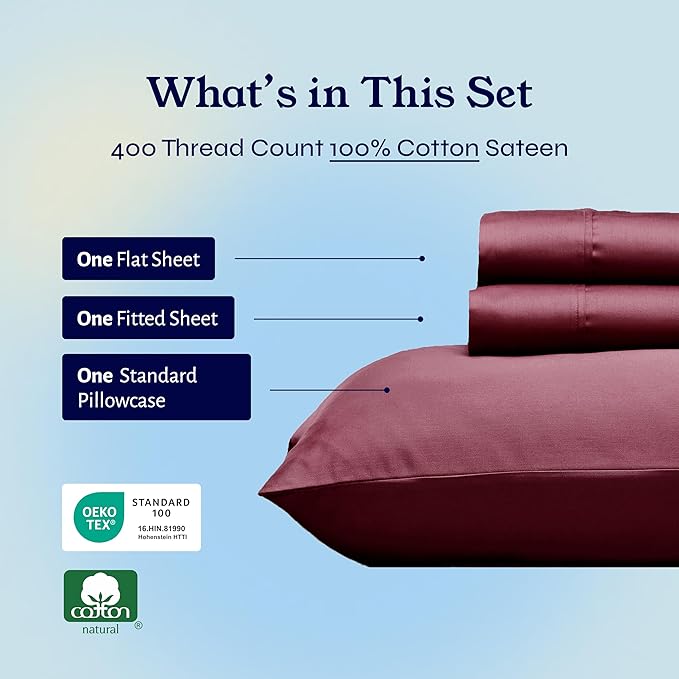 California Design Den Twin XL Sheet Sets - 400 Thread Count Sateen, 100% Cotton Sheets Set, Deep Pockets, Cooling and Durable Bedding for Dorm Rooms & Adults - Burgundy Red