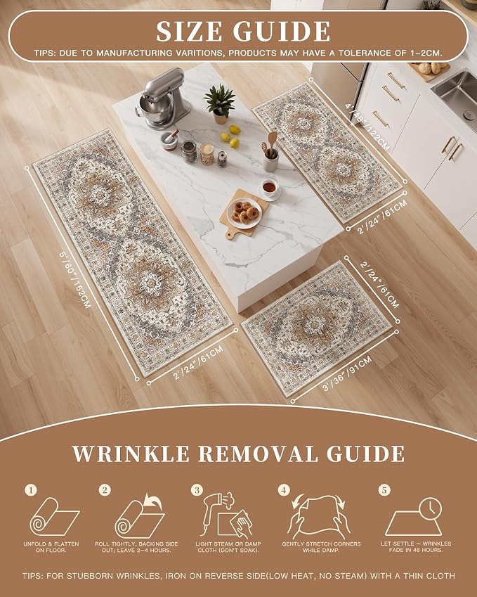 Madane 2-Piece Area Rugs Set, Small Kitchen Runner Non-Slip, Turmeric/Grey | - Image 5