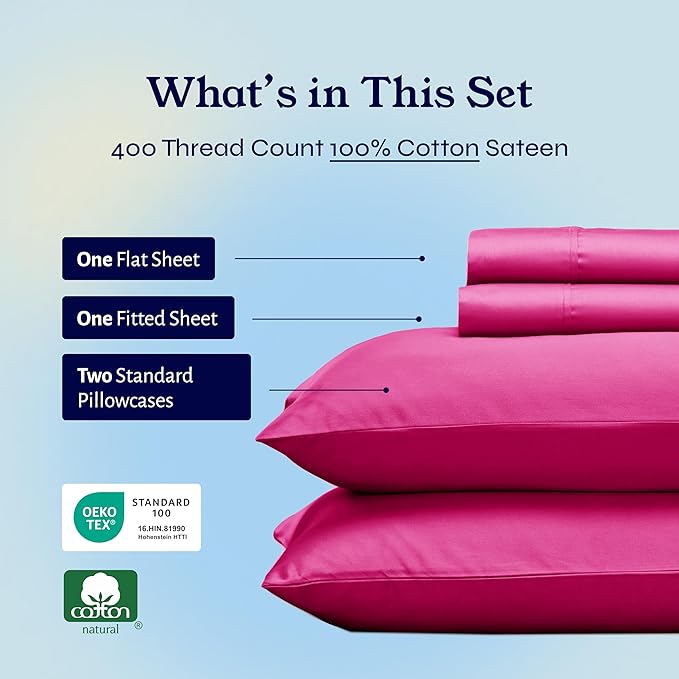 California Design Den Natural 100% Cotton Sheets Full Size Bed - 400 Thread Count Sateen, Deep Pockets with All Around Elastic, Soft, Cool and Durable Bedding - Hot Pink