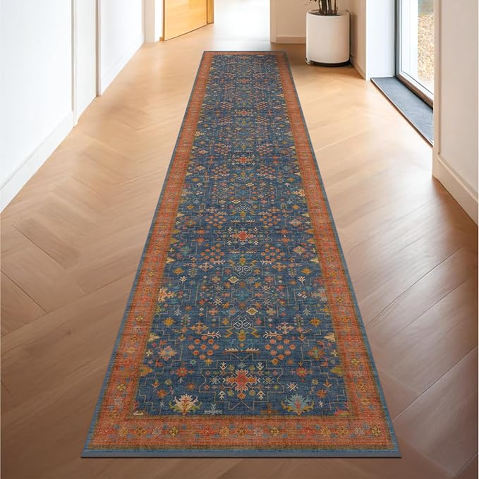 Navy Blue Washable Hallway Runner Rug 2x10 Non Slip Rugs by HazoHaus