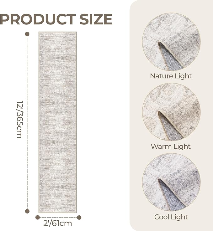 2x12 Runner Rug Non Slip, Washable Hallway Runner Rug, Taupe | Long Neutral Rugs - Image 2