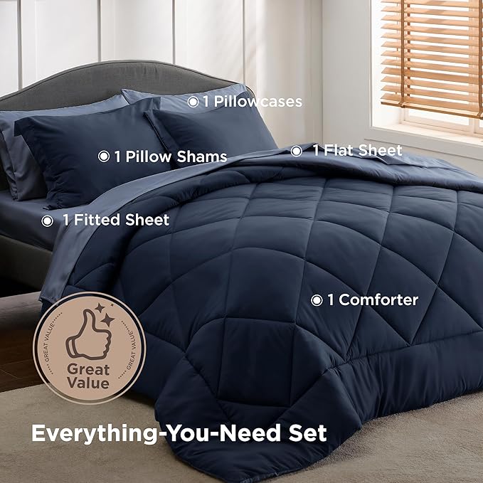 Bedsure Twin Comforter Set - 5 Pieces Reversible Navy Blue Bedding, Twin Size Bed Set for All Seasons, Bed in a Bag with Down Alternative Comforter, Sheets, Pillowcase & Sham