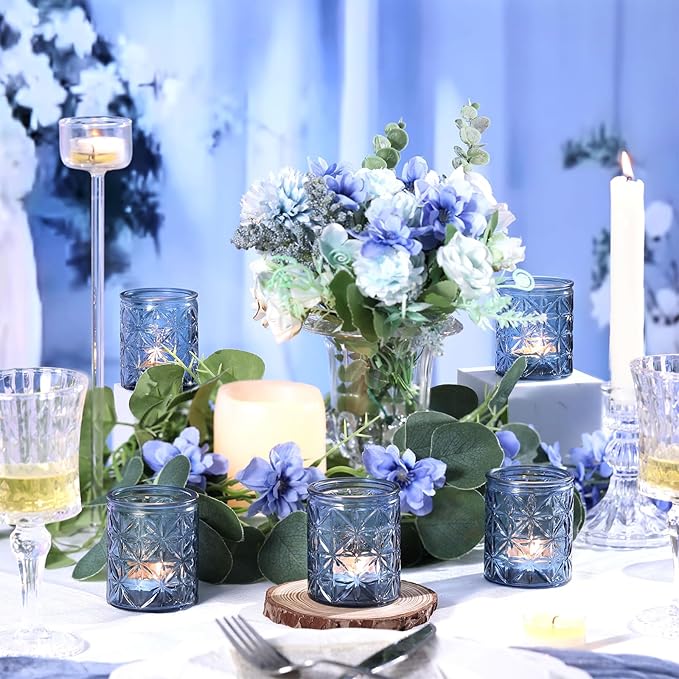 12 Pack Blue Votive Candle Holders, Vintage Blue Candle Holders, Tealight Candle Holder for Wedding Table Centerpieces, Bridal Shower, Home Decor, Birthday, Party Table Decor
