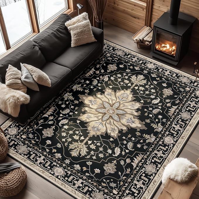 RELEANY Washable Area Rug, Water Repellent, Pet Friendly, Vintage Floral Boho by RELEANY