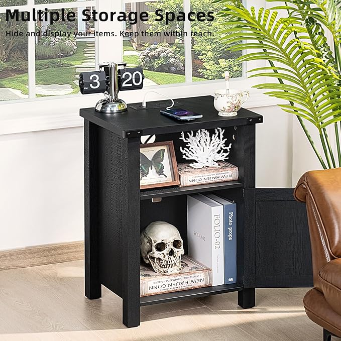 Night Stand, 18 Inch Farmhouse Nightstand with with Charging Station and USB Port, Rustic Couch End Table with Magnetic Door, Wood Bed Side Tables for Bedroom, Home, Black