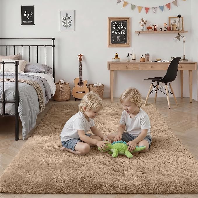 Area Rug Living Room Bedroom: 4x6 Fluffy Plush Shag Carpet Beige | - Image 7