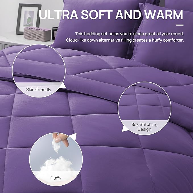 Love's cabin Twin XL Comforter Set Purple, 5 Pieces Twin XL Bed in a Bag, All Season Bedding Sets with 1 Comforter, 1 Flat Sheet, 1 Fitted Sheet, 1 Pillowcase and 1 Pillow Sham