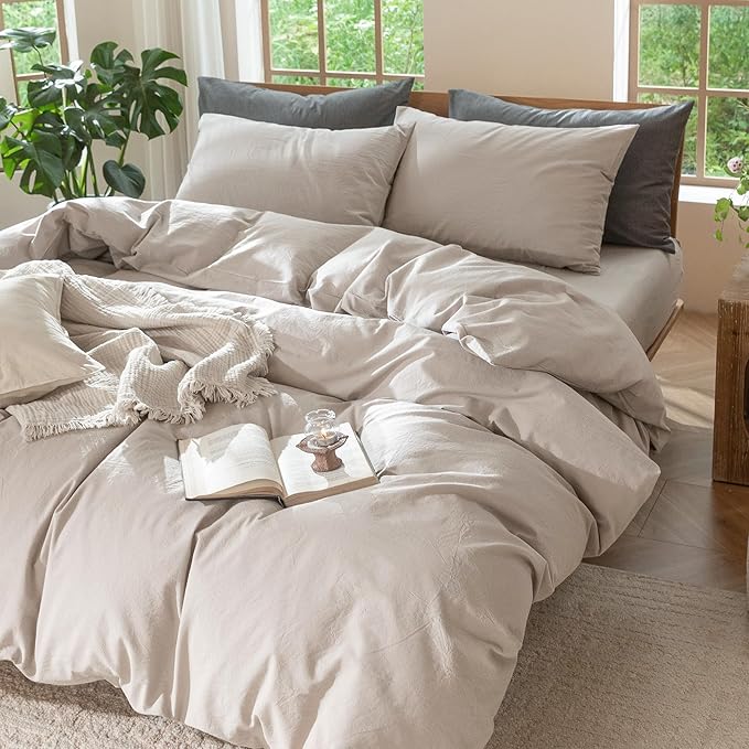 MooMee Bedding Duvet Cover Set 100% Washed Cotton Linen Like Textured Breathable Durable Soft Comfy (Solid Light Tan, Twin 68"x90")
