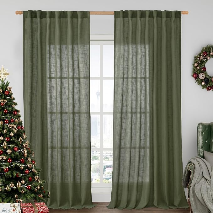 Extra Wide Linen Curtains for Bedroom Living Room 60 x 84 Inch | Olive Green by LAMIT