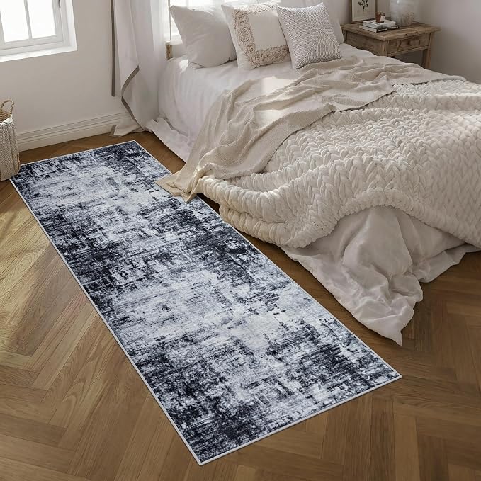3x10 Washable Runner Rug：Modern Abstract Soft Carpet Dark Black | - Image 2