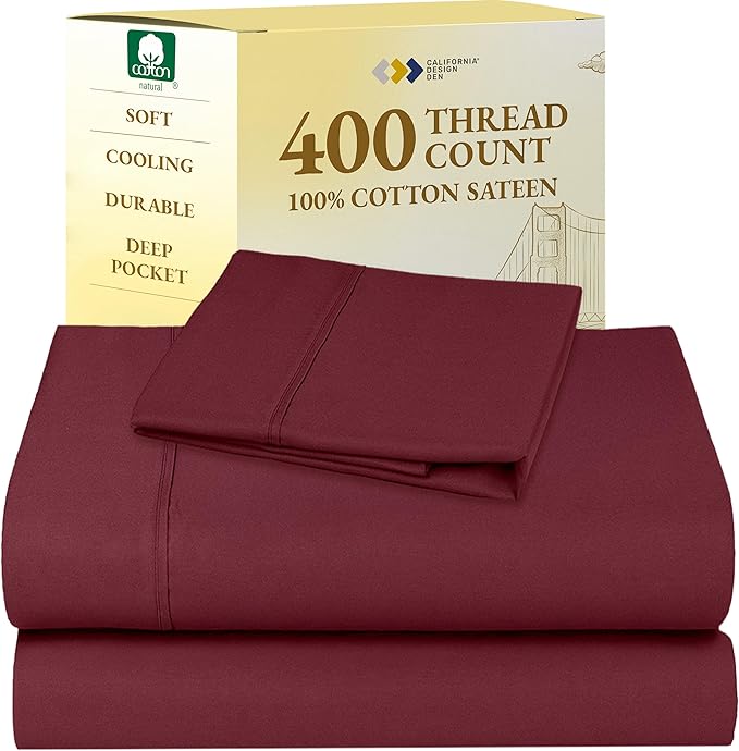 California Design Den Twin XL Sheet Sets - 400 Thread Count Sateen, 100% Cotton Sheets Set, Deep Pockets, Cooling and Durable Bedding for Dorm Rooms & Adults - Burgundy Red