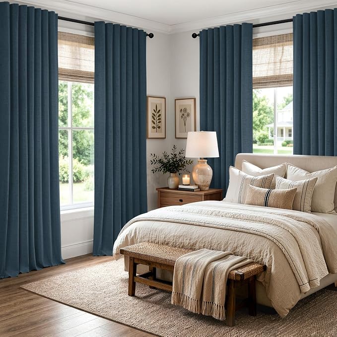 MIULEE 100% Blackout Linen Curtains 42 x 72 Inch Navy Blue 2 Panels | Thermal - Image 8