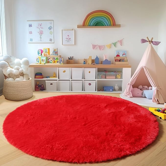 Red Round Rugs 5ft for Bedroom Living Room, Fluffy Circle Area Rug for Kids - Image 5