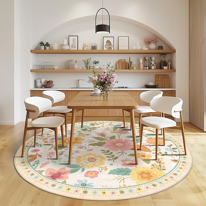 RELEANY Floral Washable Round 6ft Area Rug Beige/White/Orange | Flower Carpet - Image 9