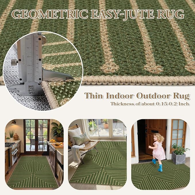 Lahome Green 3x5 Outdoor Rug for Entryway, Rhombus Easy Jute Frotn Porch Rug | - Image 3