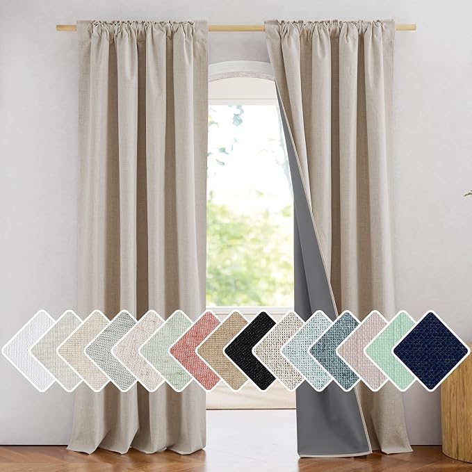 NICETOWN Rod Pocket Full Blackout Natural Linen Curtains 102" Length - Image 2