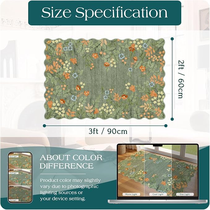 Front Door Mat Indoor Outside Entrance, 2x3 Sage Green Floral Rug | Non-Slip - Image 2