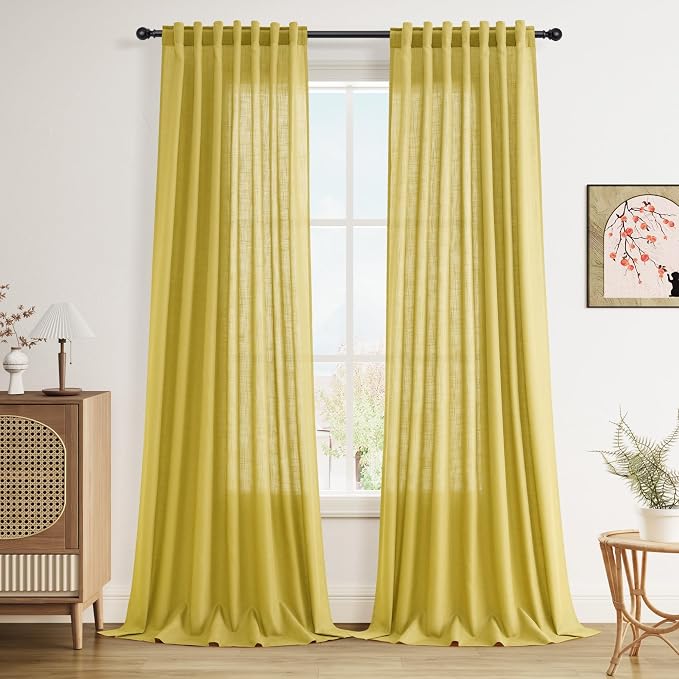 Celery Yellow Linen Curtains 90 Inches Long 2 Panel Set Back Tab Rod Pocket by Nanspring