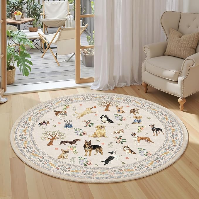 Beige 4Ft Round Area Rug for Living Room Bedroom | Stain Resistant; Non Slip; - Image 3