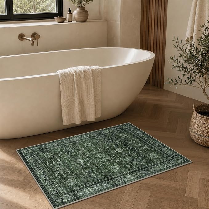 Schweek 2x3 Entryway Rugs Non-Slip Washable Vintage Area Rug Green Door Mat | - Image 3
