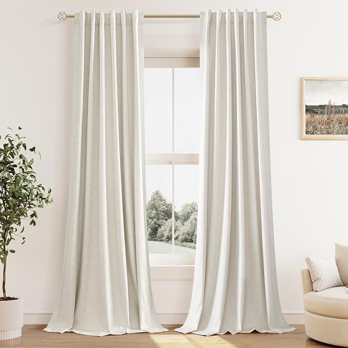 100% Blackout Linen Curtains for Bedroom 90 Inches Long Natural Cream Black Out by Guken