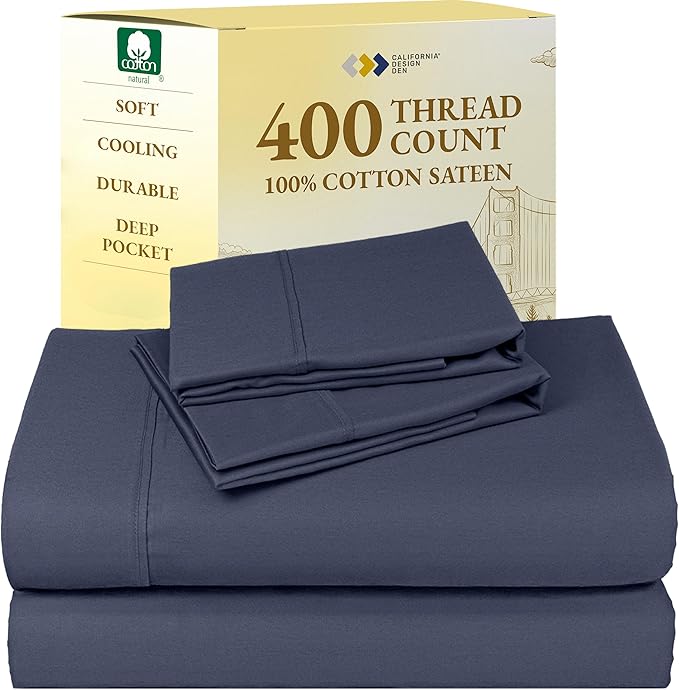 California Design Den King Bed Sheets Set - Soft 400 Thread Count Sateen, Natural 100% Cotton Sheets, Deep Pockets with All-Around Elastic, Cool & Durable Bedding Set - Indigo Dusty Blue
