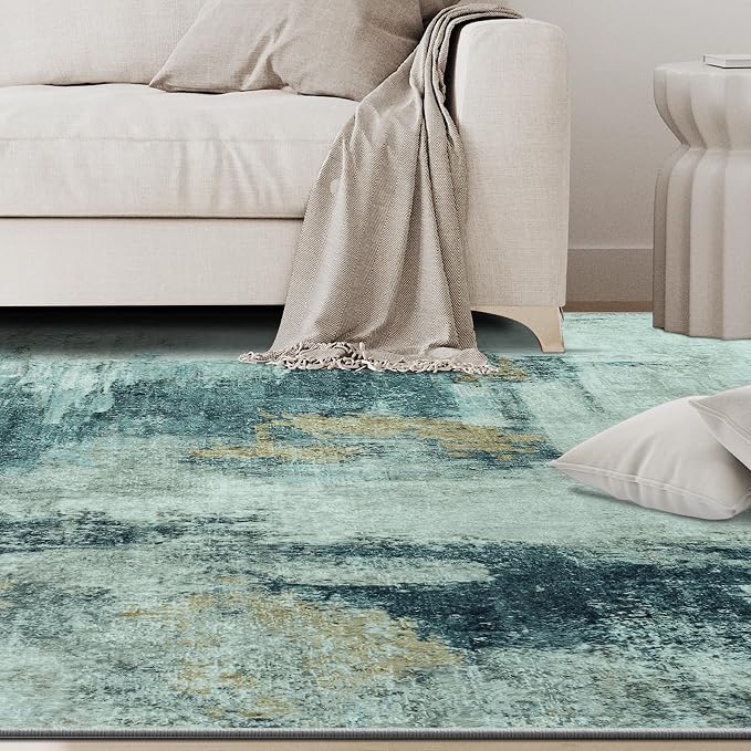 5x7 Area Rugs for Living Room Washable Bedroom Dining Room Teal Grey Gold | - Image 9