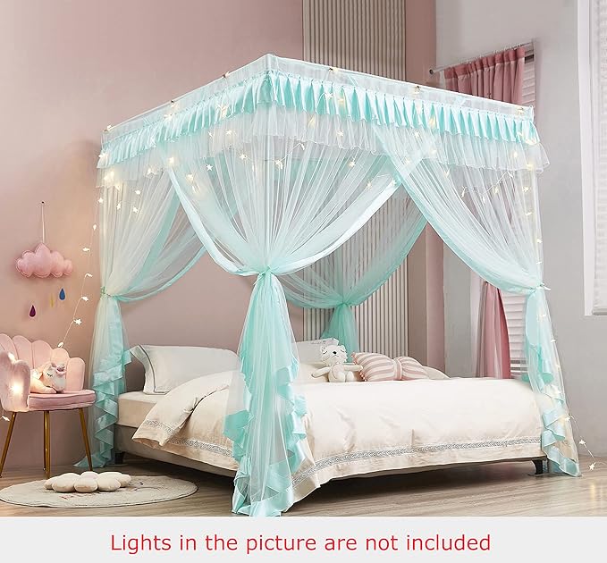 Mengersi 4 Corners Post Canopy Bed Curtains for Girls,Bed Canopy Royal Luxurious Cozy Drape Netting - Cute Princess Bedroom Decoration Accessories (Twin, Sky Blue)