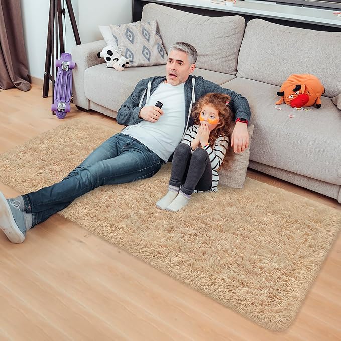 Beige Runner Rug for Bedroom 2x5ft Fluffy Area Rug Bedside Runner Rug for Kids - Image 3