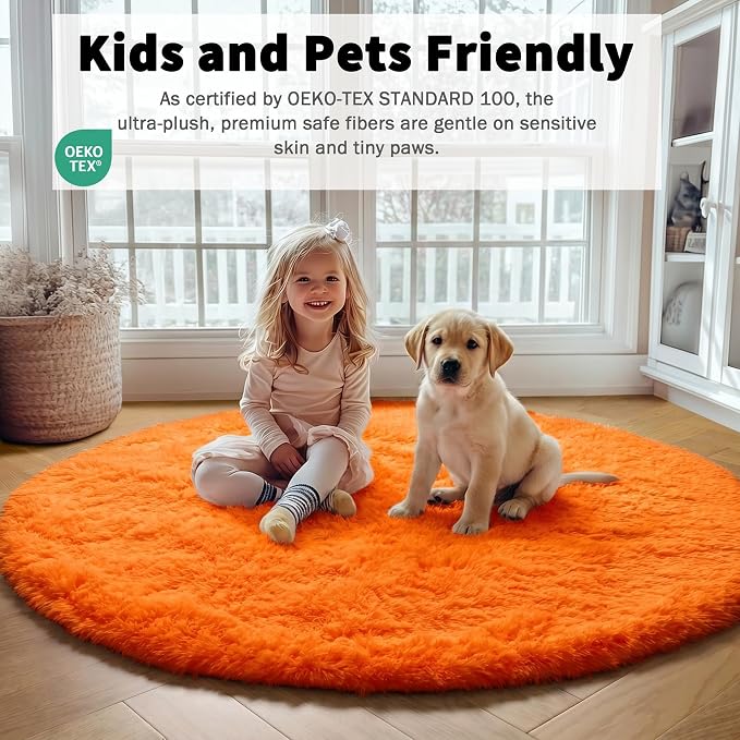 Orange Round Rugs 5ft for Bedroom Living Room, Fluffy Circle Area Rug for Kids - Image 5